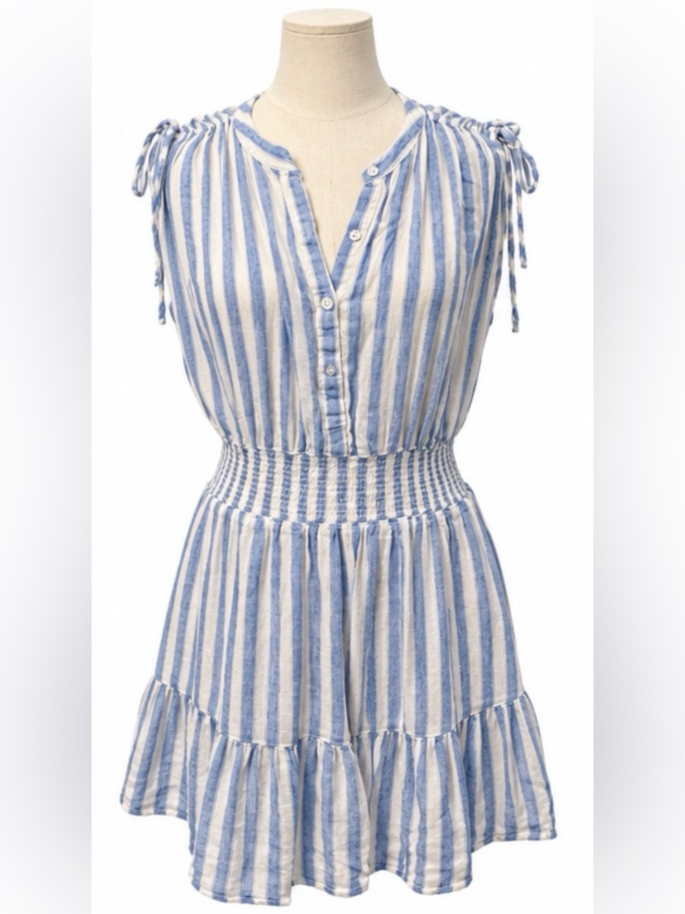 Rails Samina Casablanca Stripe Linen Blend Smocked Mini Dress L